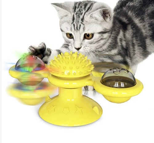Interactive Windmill Cat Toy With LED Light Ball, Suction Cup, And