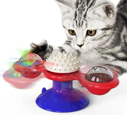 Interactive Windmill Cat Toy With LED Light Ball, Suction Cup, And
