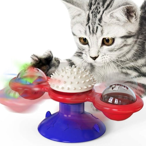 Interactive Windmill Cat Toy With LED Light Ball, Suction Cup, And